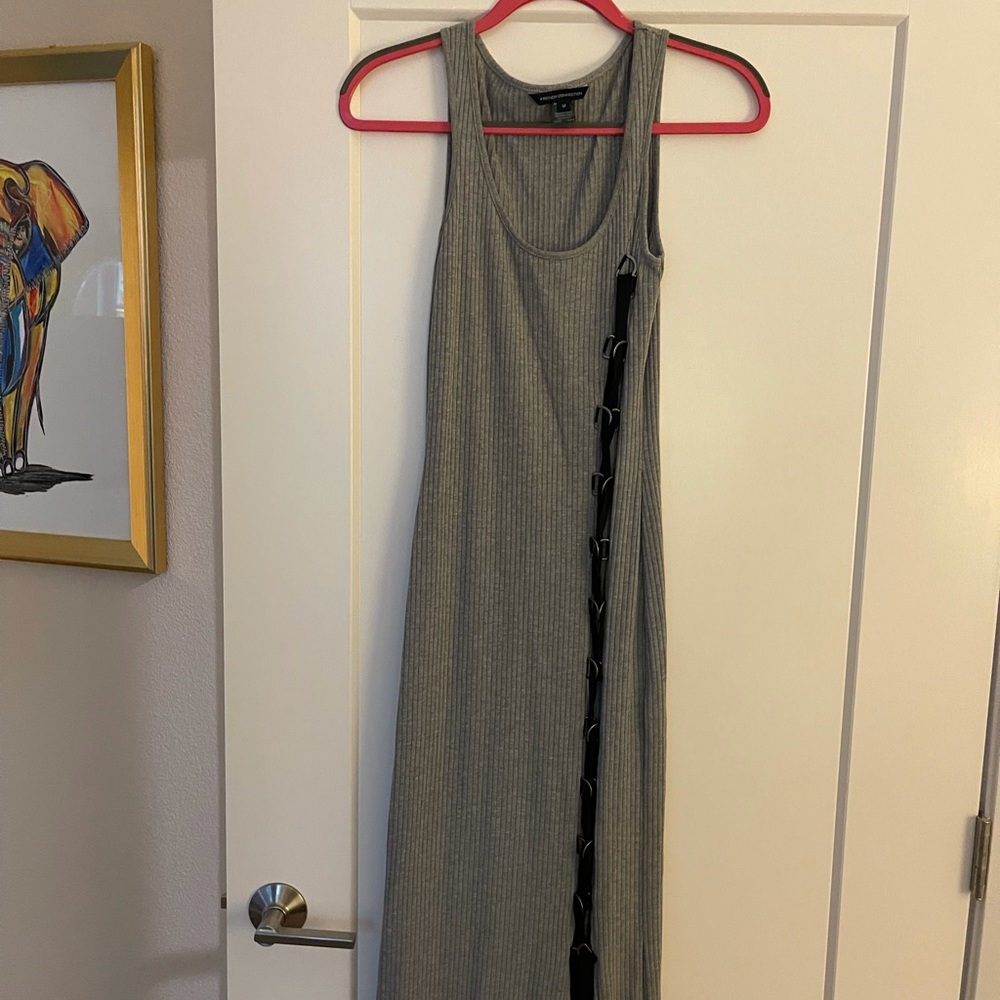 Grey ribbed maxi dress with black lace up detail